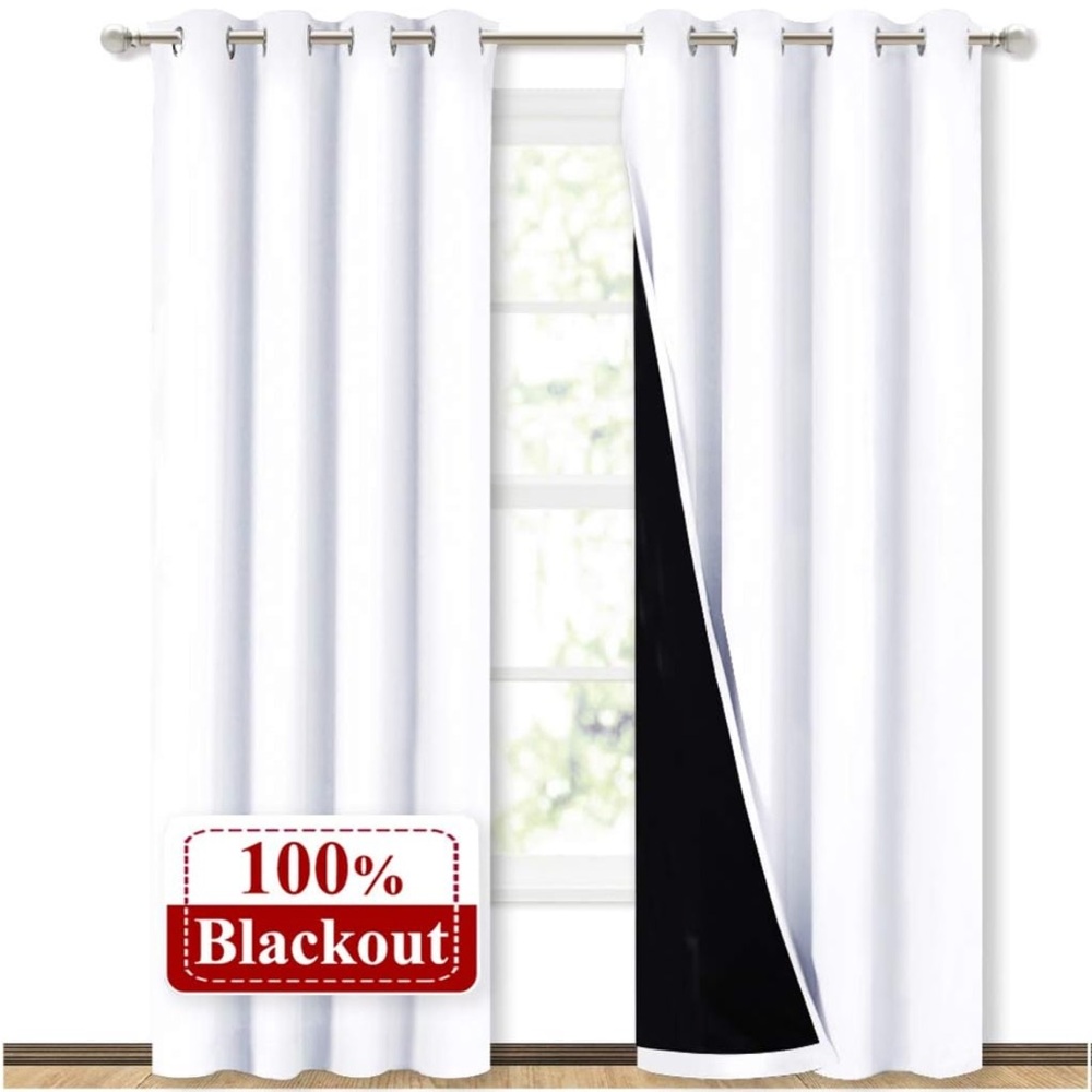 100% Blackout Window Curtain Panels Drapes Black Liner Insulated Draperies White